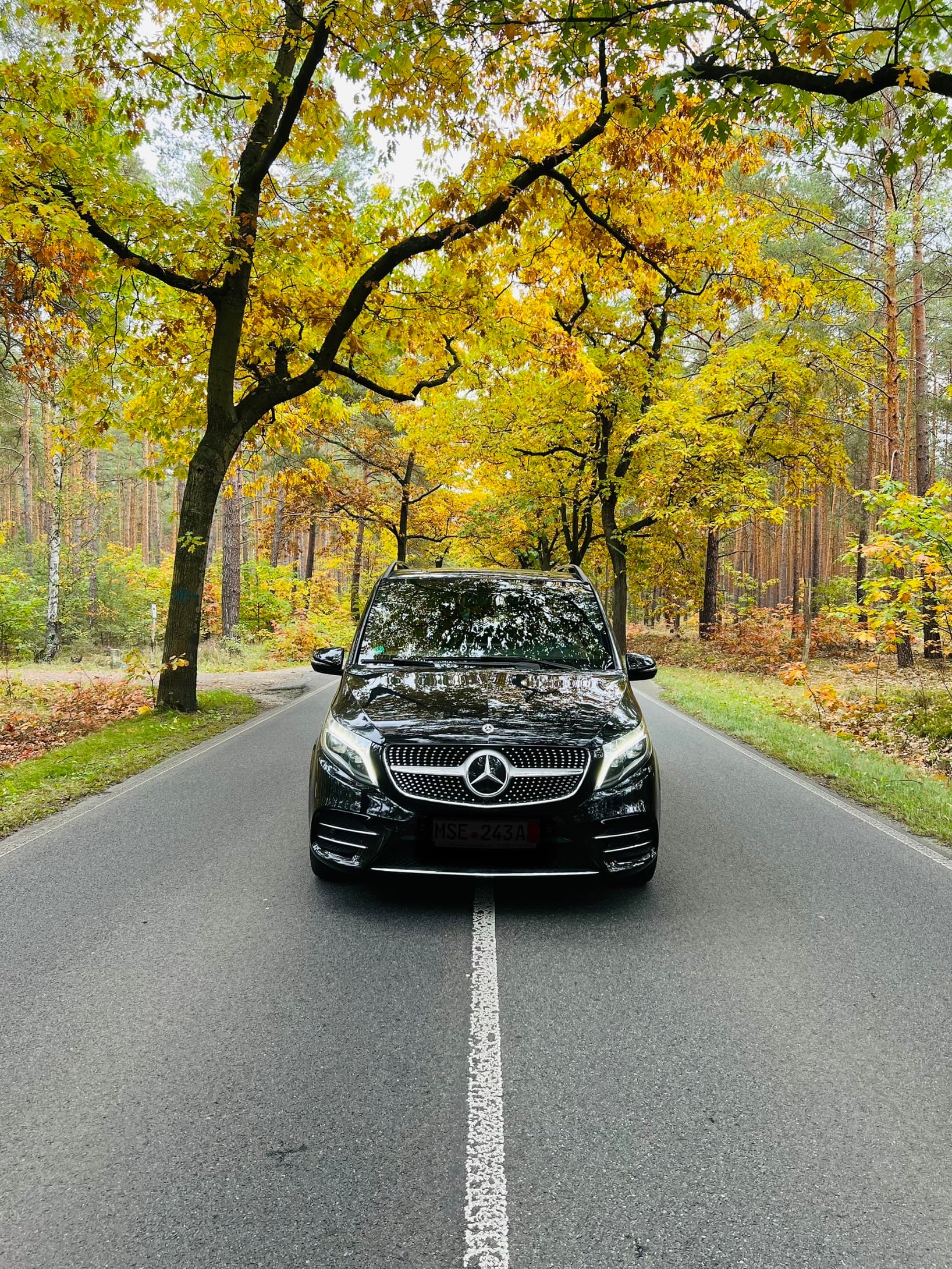 Black Mercedes-Benz van on a tree-lined road with autumn foliage