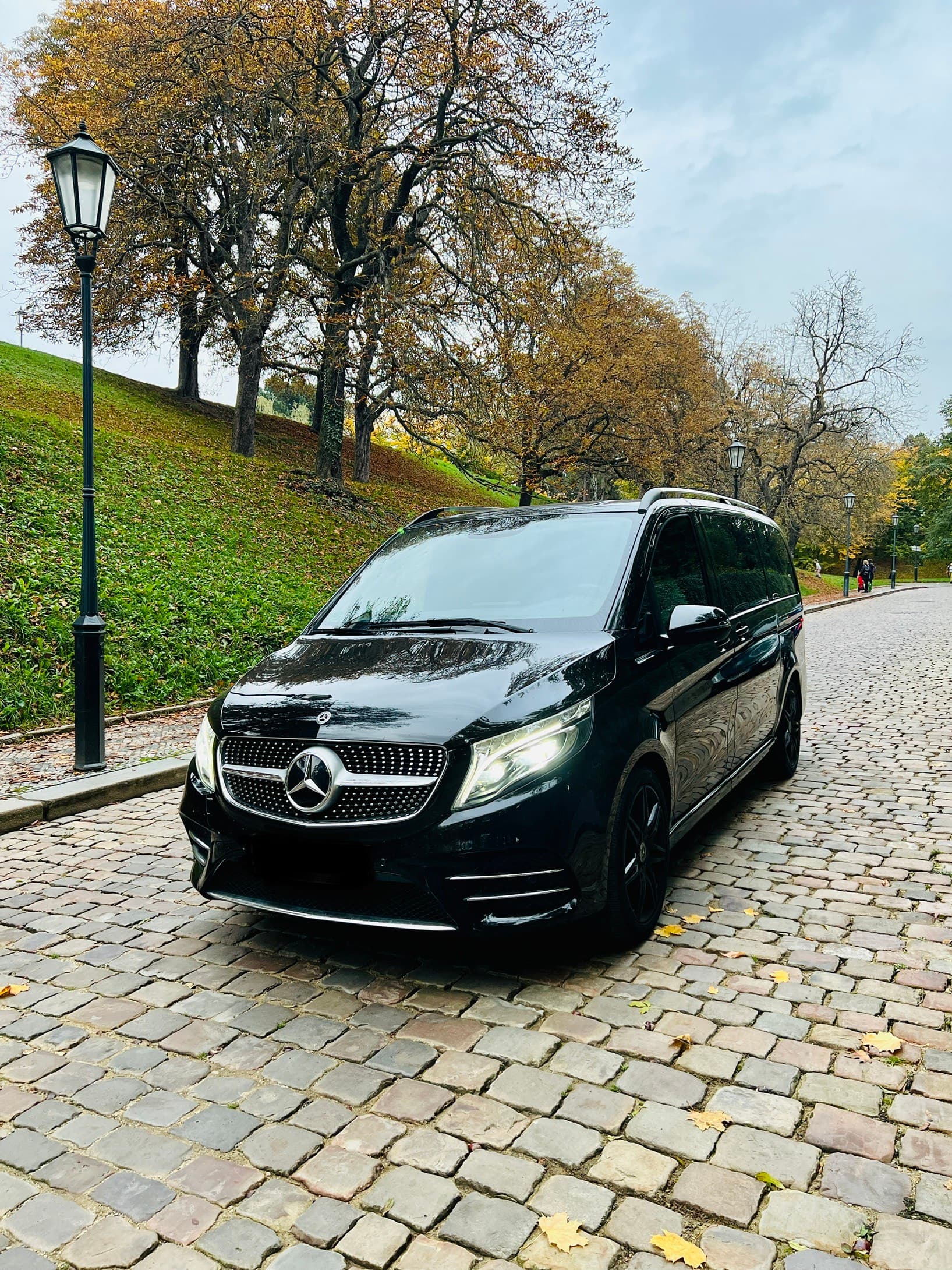 Black Mercedes-Benz van parked on a cobblestone street in a park with fall colors